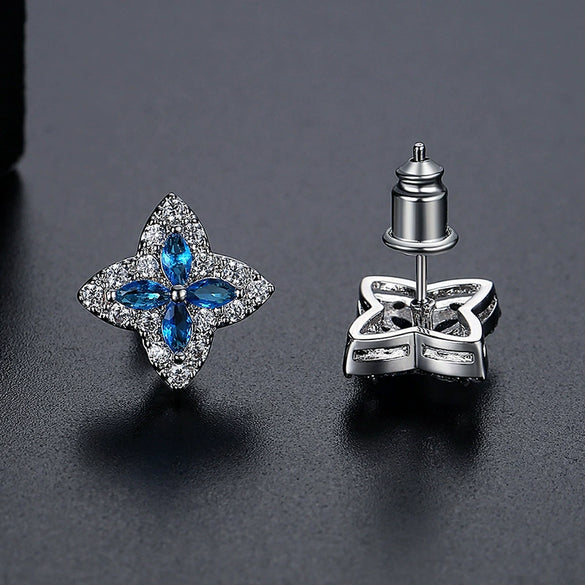 Copper Four Leaf Clover Flower Zircon Earrings Electroplated Geometric Plant Style Simple Fashion Earrings For Women