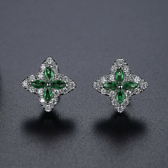 Copper Four Leaf Clover Flower Zircon Earrings Electroplated Geometric Plant Style Simple Fashion Earrings For Women