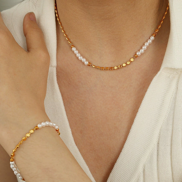 Copper Freshwater Pearl Women's Bracelet Necklace With Love Water Drops Bell Patterns And Set With Pearls Treatment