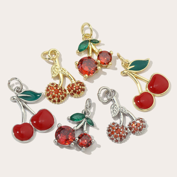 Copper Fruit Cherry Dripping Oil 3D Beaded Pendant Jewelry Accessories For Necklace And Earrings