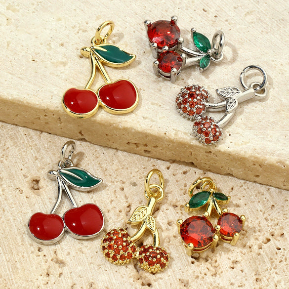 Copper Fruit Cherry Dripping Oil 3D Beaded Pendant Jewelry Accessories For Necklace And Earrings