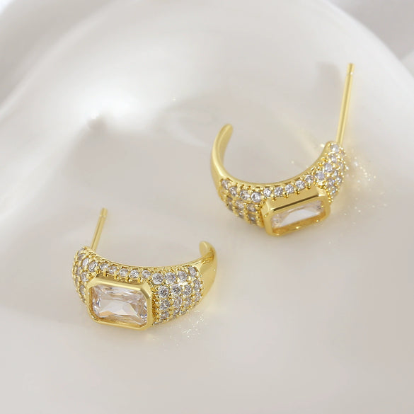 Copper Geometric Cshaped Diamondencrusted Electroplated Women's Earrings