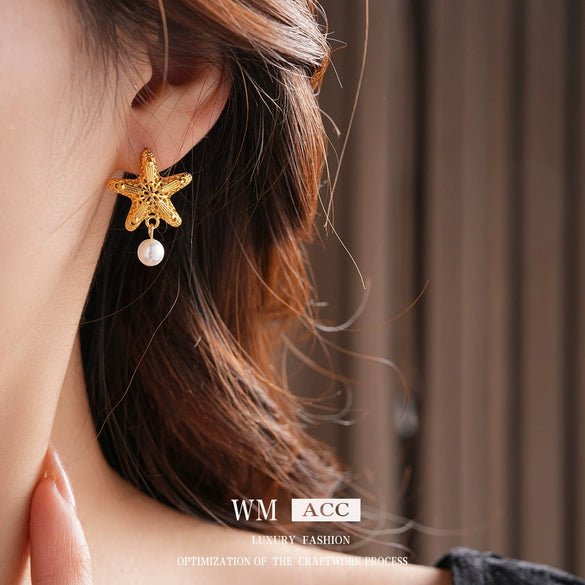 Copper Geometric Electroplated Women's Shell Starfish Earrings