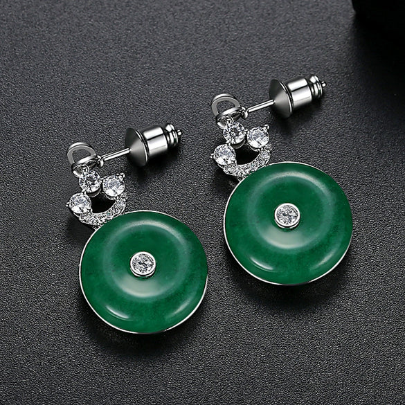 Copper Geometric Green Chalcedony And Zircon Earrings With Electroplated Finish And Safety Back Closure For Women Wholesale