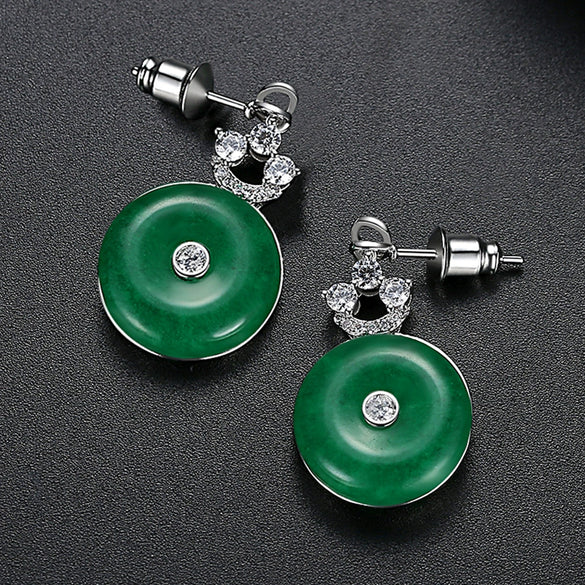 Copper Geometric Green Chalcedony And Zircon Earrings With Electroplated Finish And Safety Back Closure For Women Wholesale