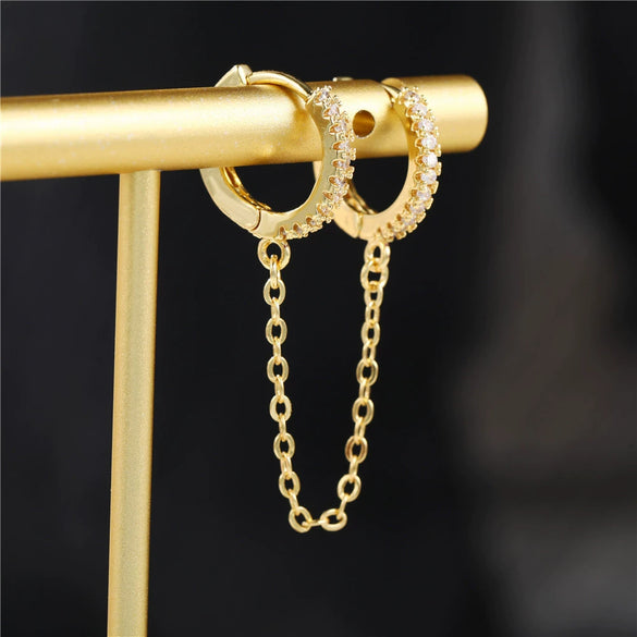 Copper Geometric Microinlaid Zircon Single Twisted Tassel Chain Ear Buckle Earrings