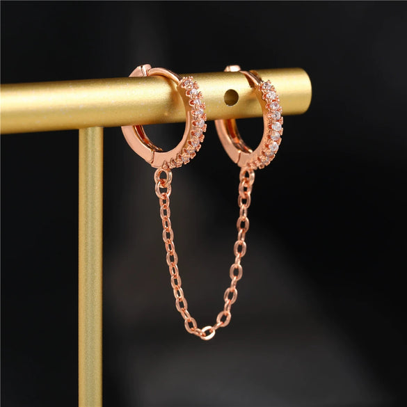 Copper Geometric Microinlaid Zircon Single Twisted Tassel Chain Ear Buckle Earrings