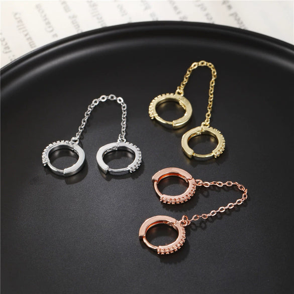 Copper Geometric Microinlaid Zircon Single Twisted Tassel Chain Ear Buckle Earrings