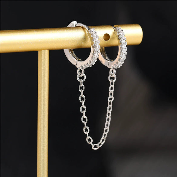 Copper Geometric Microinlaid Zircon Single Twisted Tassel Chain Ear Buckle Earrings
