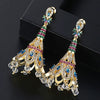 Copper Geometric Peacock Feather Tassel Earrings With Zircon Crystal Accents Creative Fashion Jewelry Set