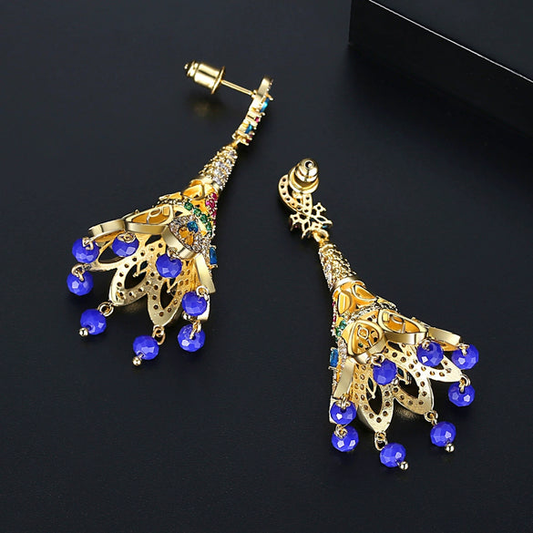 Copper Geometric Peacock Feather Tassel Earrings With Zircon Crystal Accents Creative Fashion Jewelry Set