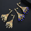 Copper Geometric Peacock Feather Tassel Earrings With Zircon Crystal Accents Creative Fashion Jewelry Set