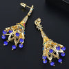 Copper Geometric Peacock Feather Tassel Earrings With Zircon Crystal Accents Creative Fashion Jewelry Set