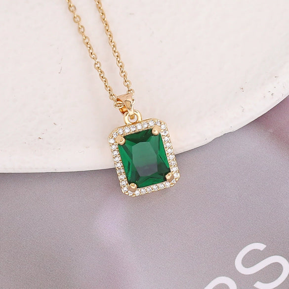 Copper Geometric Square Emerald Micropaved Pendant Necklace Set With Electroplating
