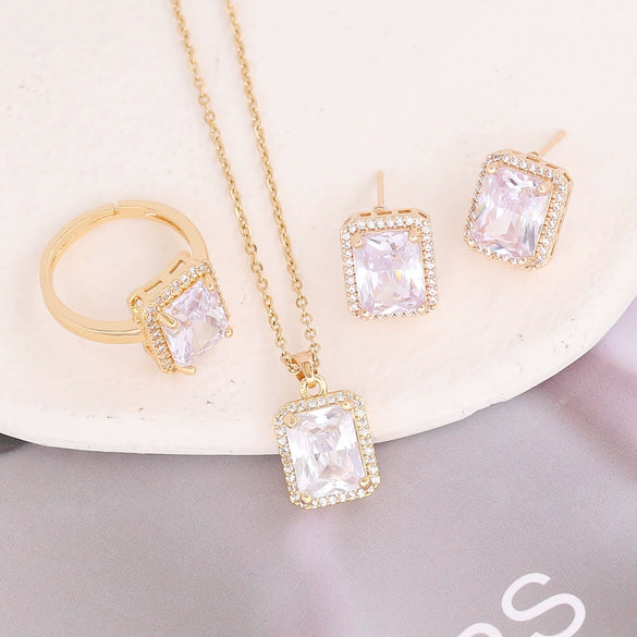 Copper Geometric Square Emerald Micropaved Pendant Necklace Set With Electroplating