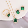 Copper Geometric Square Emerald Micropaved Pendant Necklace Set With Electroplating