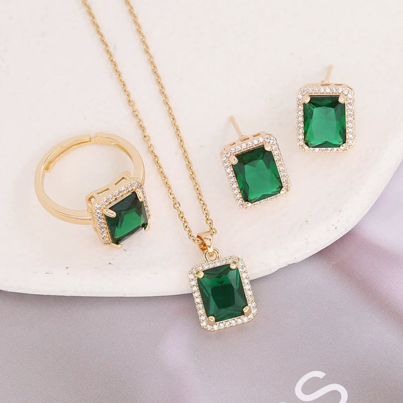 Copper Geometric Square Emerald Micropaved Pendant Necklace Set With Electroplating