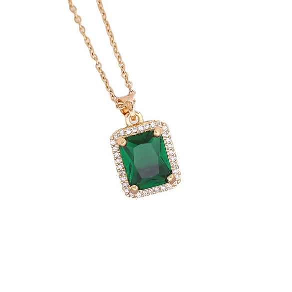 Copper Geometric Square Emerald Micropaved Pendant Necklace Set With Electroplating