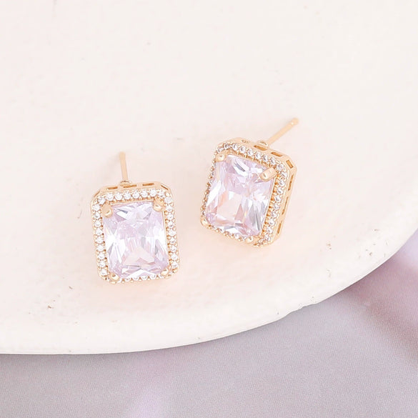 Copper Geometric Square Emerald Micropaved Pendant Necklace Set With Electroplating