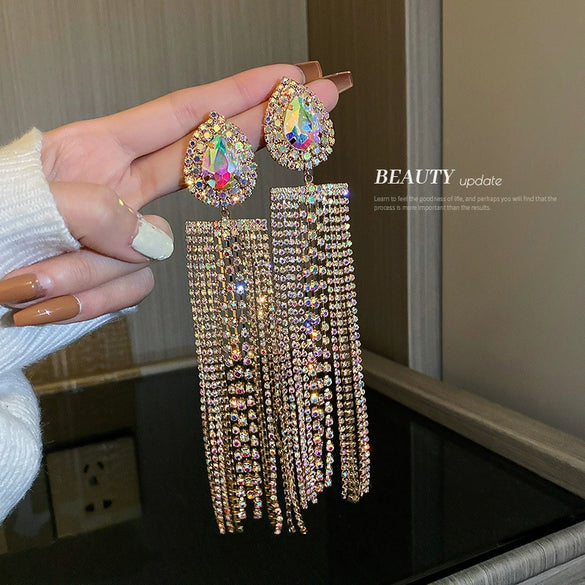Copper Geometric Water Drop Diamond Long Tassel Earrings Fashion Versatile Dangle Earrings For Women