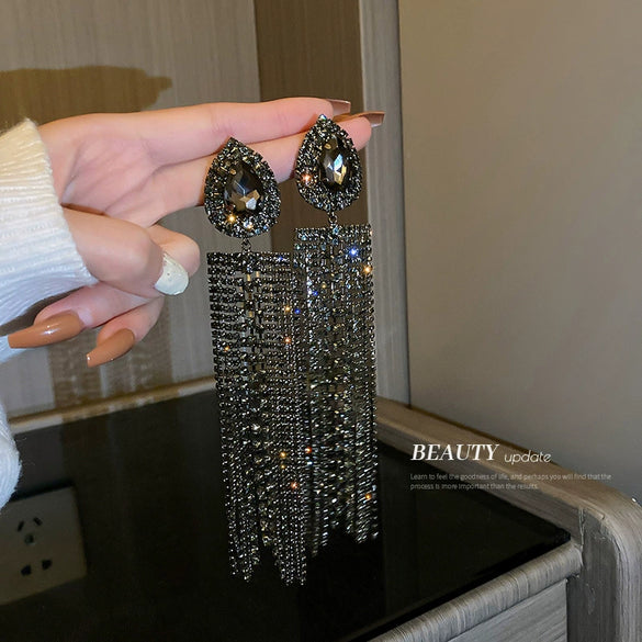 Copper Geometric Water Drop Diamond Long Tassel Earrings Fashion Versatile Dangle Earrings For Women