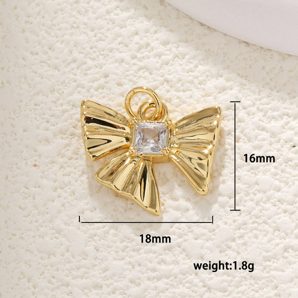 Copper Gold Plated Bow Shape Zircon Pearl Sweet Jewelry Pendant Diy Accessories