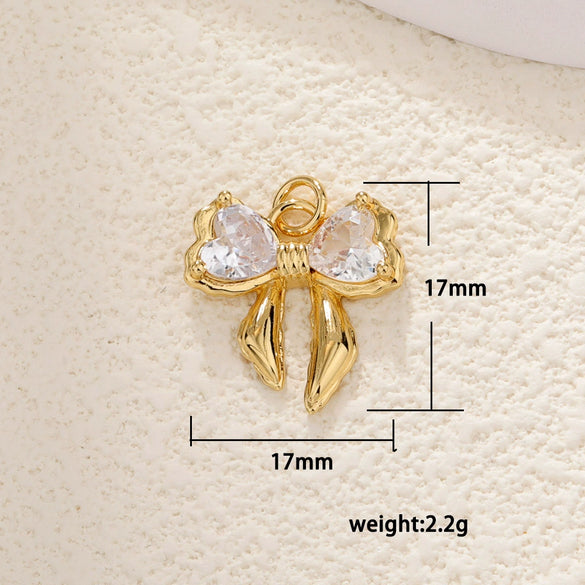 Copper Gold Plated Bow Shape Zircon Pearl Sweet Jewelry Pendant Diy Accessories