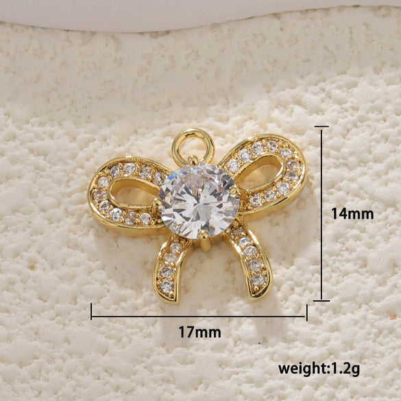 Copper Gold Plated Bow Shape Zircon Pearl Sweet Jewelry Pendant Diy Accessories