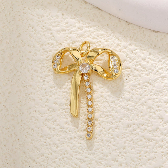 Copper Gold Plated Bow Shape Zircon Pearl Sweet Jewelry Pendant Diy Accessories