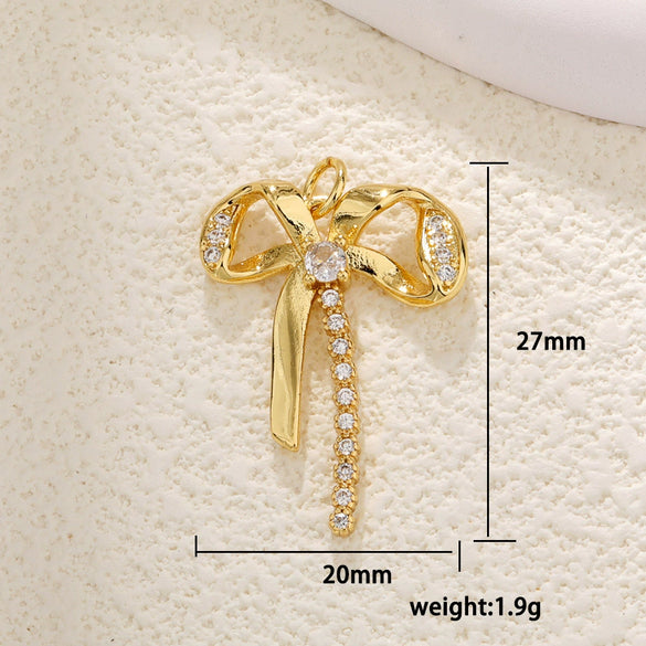Copper Gold Plated Bow Shape Zircon Pearl Sweet Jewelry Pendant Diy Accessories