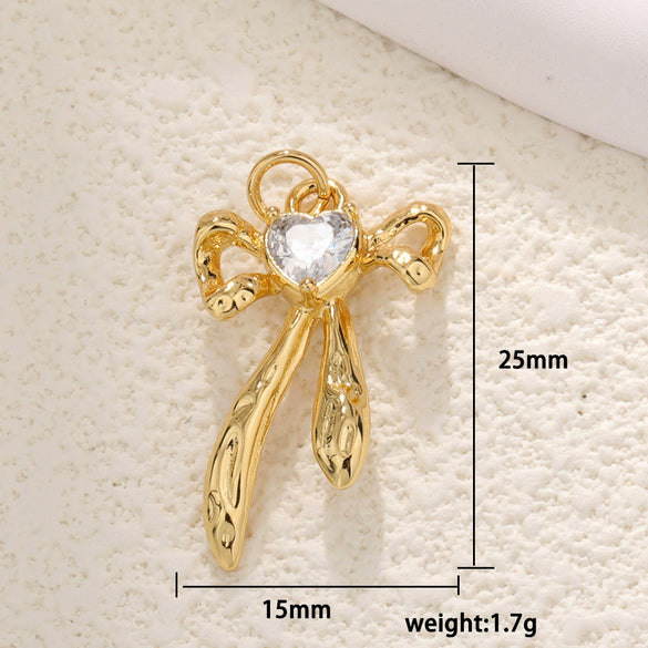 Copper Gold Plated Bow Shape Zircon Pearl Sweet Jewelry Pendant Diy Accessories