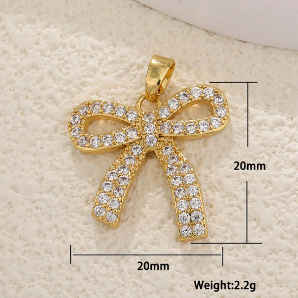Copper Gold Plated Bow Shape Zircon Pearl Sweet Jewelry Pendant Diy Accessories