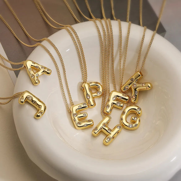 Copper Gold Plated Inlay Letter Zircon Pendant Necklace