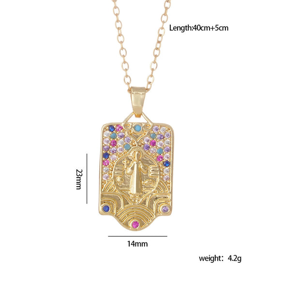 Copper Goldplated Cartoon Characters Pendant Necklace With Mixed Gemstone Setting And O Word Chain Light Luxury And Geometric Style