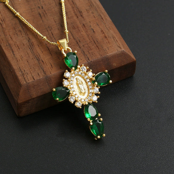 Copper Goldplated Micro Inlaid Zircon Cross Pendant Necklace Geometric Style