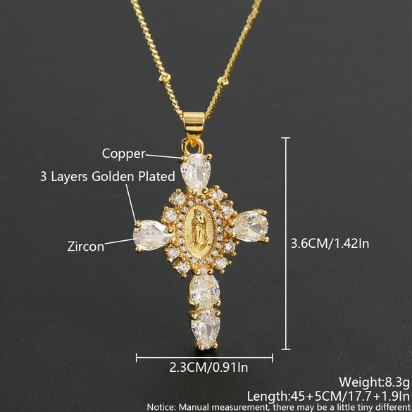 Copper Goldplated Micro Inlaid Zircon Cross Pendant Necklace Geometric Style