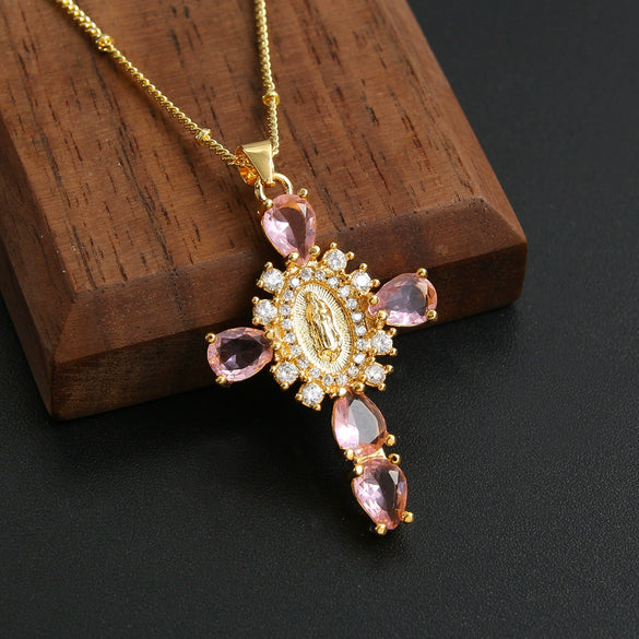 Copper Goldplated Micro Inlaid Zircon Cross Pendant Necklace Geometric Style