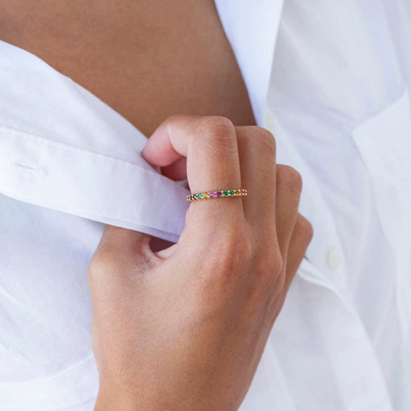 Copper Goldplated Ring Inlaid With Colorful Zircon Geometric Style For Men And Women