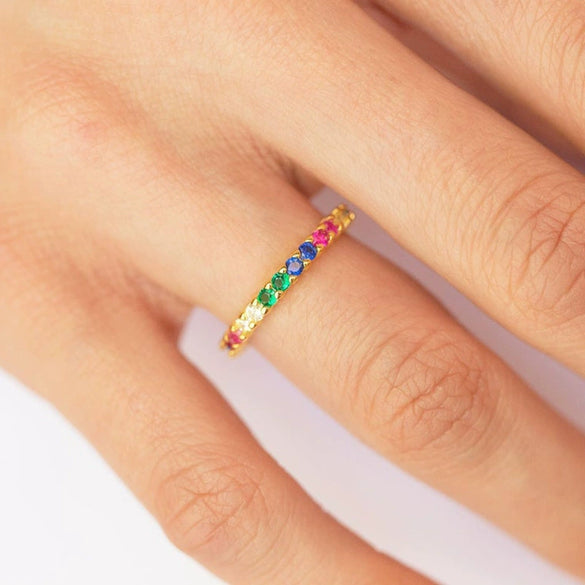 Copper Goldplated Ring Inlaid With Colorful Zircon Geometric Style For Men And Women
