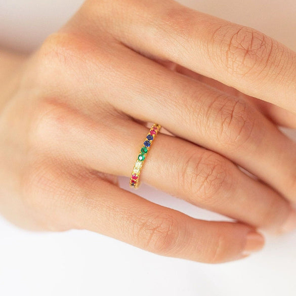 Copper Goldplated Ring Inlaid With Colorful Zircon Geometric Style For Men And Women