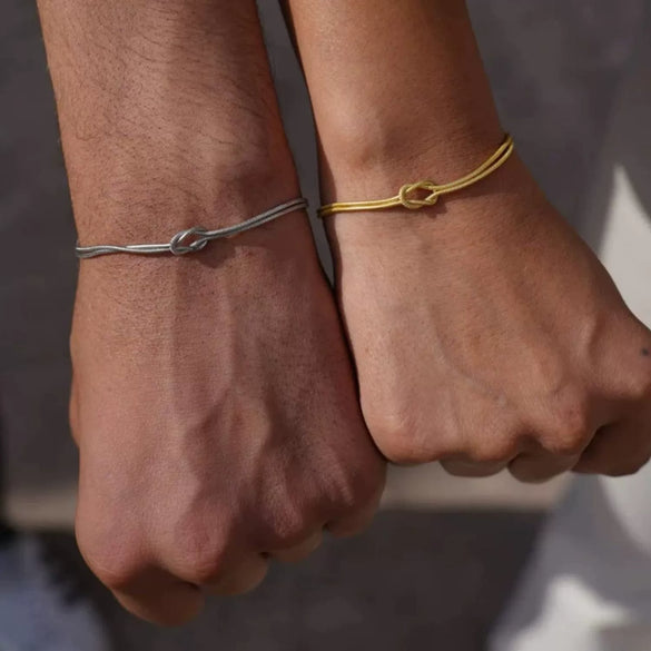 Copper Heart Knot Snake Chain Bracelet Electroplated Love Knot Couple Bracelet With Round Snake Bone Style For Unisex Wear