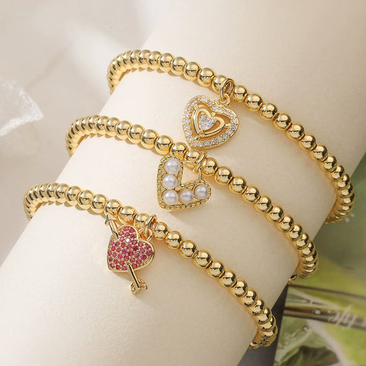 Copper Heart Pendant Geometric Pattern Micropaved Bracelet For Women