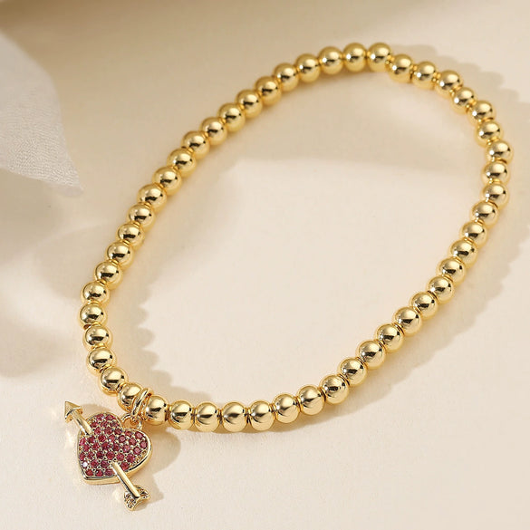 Copper Heart Pendant Geometric Pattern Micropaved Bracelet For Women