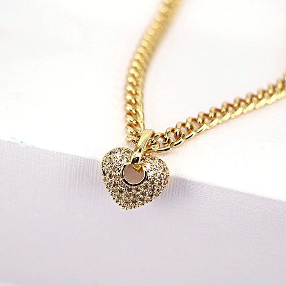 Copper Heart Pendant Necklace With Micro Paved Zircon And Gold Plated Water Wave Chain Classic Fashion Clavicle Necklace For Women