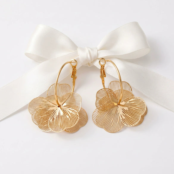 Copper Hollow Flower Hoop Earrings With Stainless Steel Ear Posts Electroplated Exaggerated Floral Jewelry For Women