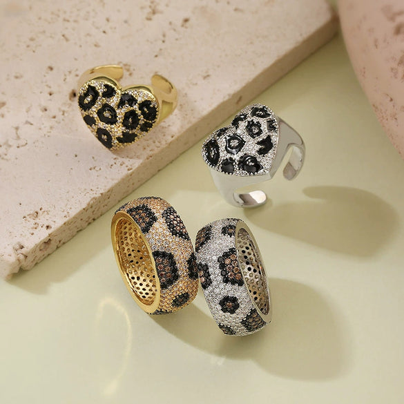 Copper Inlaid Colored Diamond Snake Pattern Leopard Print Hiphop Heart Geometric Ring For Women Dripping Oil