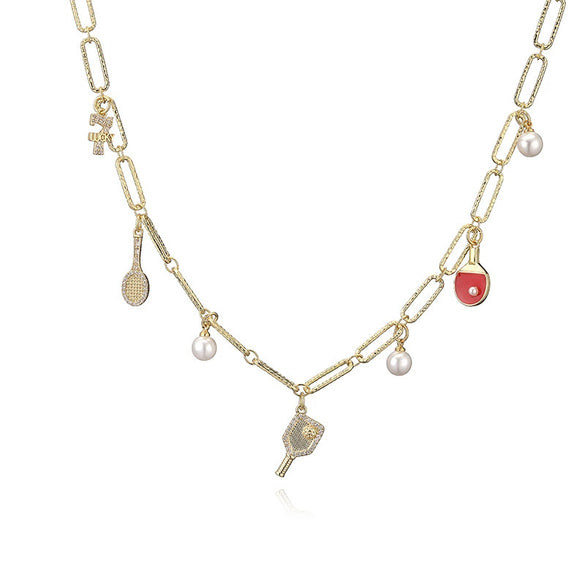 Copper Inlaid Pearl Badminton Table Tennis Racket Style Necklace Set For Women