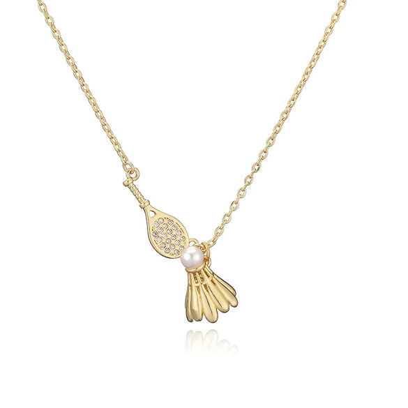 Copper Inlaid Pearl Badminton Table Tennis Racket Style Necklace Set For Women