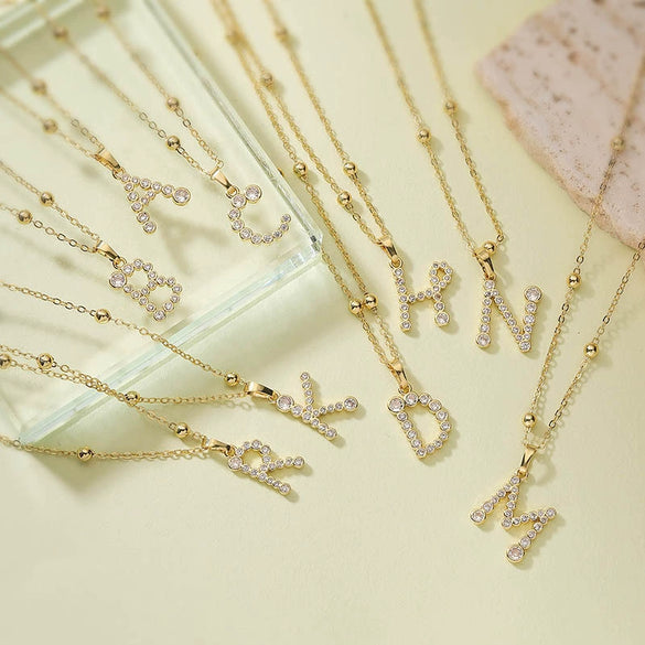Copper Inlaid Round Diamond Geometric Letter Pendant Necklace With Ball Chain