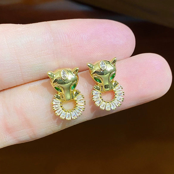 Copper Inlaid Zircon Animals Style Electroplated Hiphop Cheetah Leopard Head Earrings